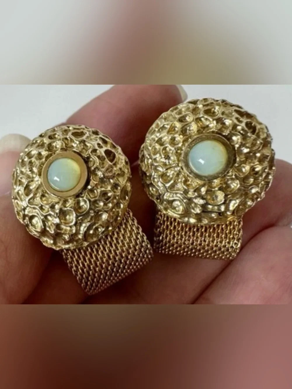 Vintage Gold Tone Mesh Wrap T-Bar Cufflinks Round Top Light Blue Cabochon #1705